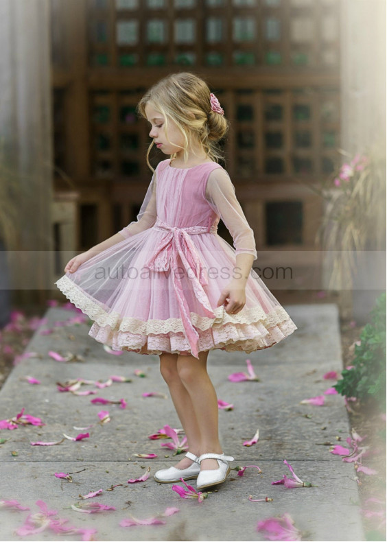 Blush Pink Tulle Layered Flower Girl Dress With Lace Hem